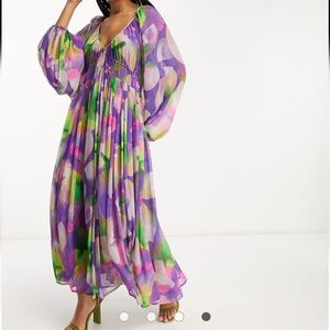 ASOS EDITION ruched gathered waist chiffon maxi dress in abstract floral print 6